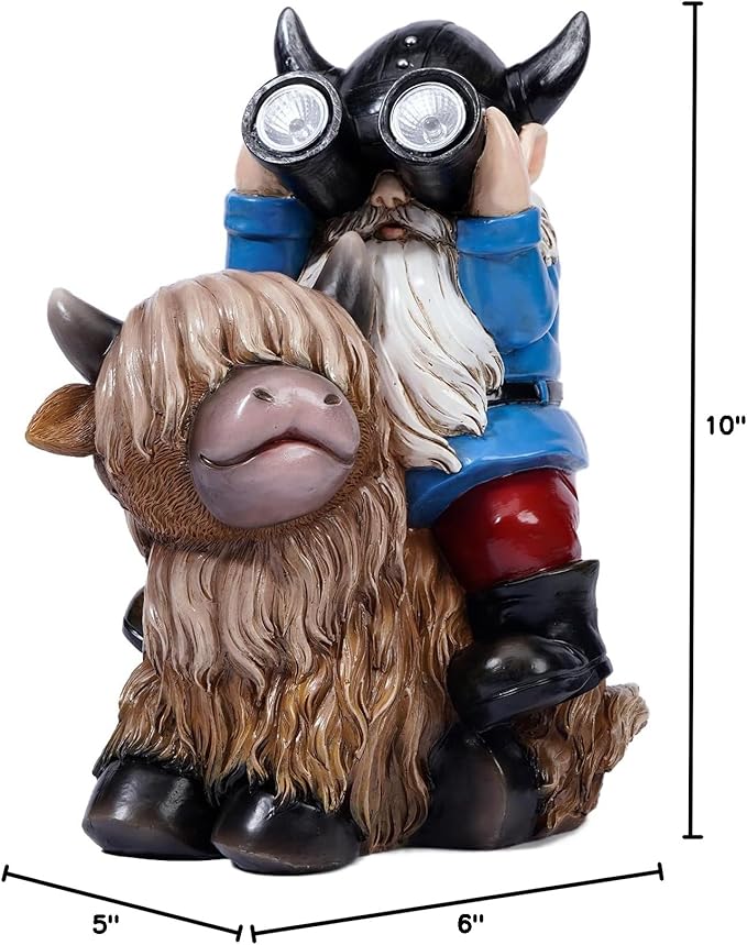 Garden Gnome Statues Resin Gnome Sitting on Highland Cow Solar LED Lights Outdoor Telescope Gnome Decorations
