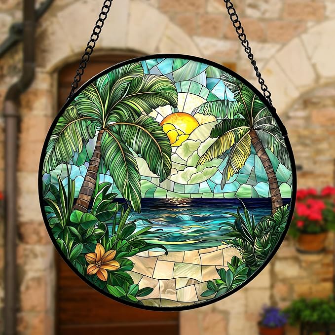 Stained Glass Window Hanging, Green Beach Scenery Suncatcher Diamond Glass Panel Hangings Sun Catchers Decor for Birthday for Women, Men, Wife, Aunt, and Mom 9.8 in