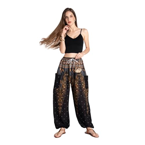 Tranquil Threads Women's Harem Pants with Pockets and Drawstring, Hippie Boho Yoga Clothes - color: Golden Black, size: X-Small