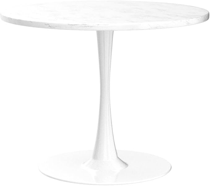 DKLGG White Marble Round Dining Table, 31.5" Tulip Kitchen Dining Table 2-4 People with MDF Top & Pedestal Base, Mid-Century End Table Leisure Coffee Office Living Room Table