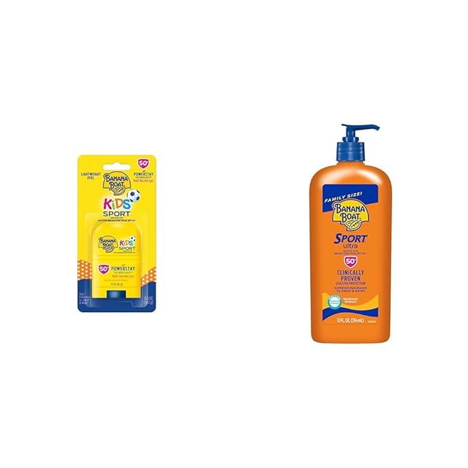 Banana Boat Kids Sport Sunscreen Stick SPF 50 Travel Size 0.5oz & Sport Ultra Sunscreen Lotion SPF 50 Family Size 12oz