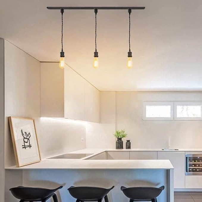 Kiven H-Type Track Lighting Pendants,Vintage Track Lighting Heads Adjustable Height, 3 Light Decorative h Track Pendant Lights, Bulb Not Included,Pearl Black Finish