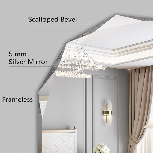 KOCUUY 30"x48" Frameless Mirror, Arched Shape with Diamond-Shaped Beveled Edge,Unframed Decorative with Upgraded Shatterproof Glass,Unique Frameless Mirror for Bathroom,Living Room,Bedroom