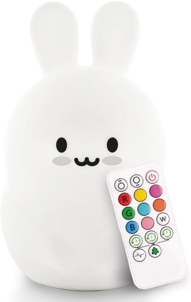 Lumipets Baxter The Bunny Squishy Night Light for Kids | Silicone Lamp with Tap & Remote Control | Rechargeable Color Changing Animal Night Light for Boys & Girls | Portable Nightlight with USB Cord