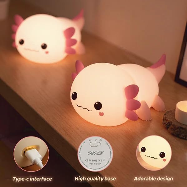 Mewaii Huggwaii Squishy Axolotl Night Light for Kids – Dimmable Silicone Axolotl Lamp, 2025 Upgraded Baby Night Light, Rechargeable, 20H Battery Life, Sleep Aid Gift for Toddlers, Girls&Room Decor