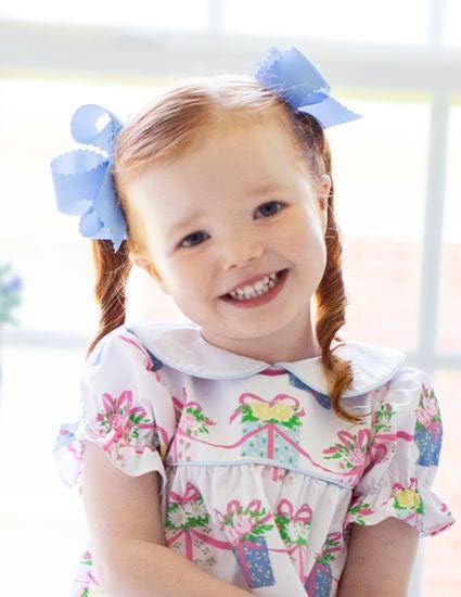 Wee Ones Girls' Classic Grosgrain Hair Bow with Scalloped Edges, No-Slip Hair Clip, Handmade, Copenhagen Blue, Medium