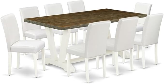 East West Furniture V077AB264-9 9 Piece Modern Dining Table Set Includes a Rectangle Wooden Table with V-Legs and 8 White Faux Leather Parson Dining Room Chairs, 40x72 Inch, Multi-Color