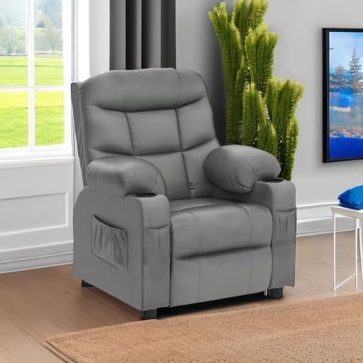 Costzon Kids Recliner Chair with Cup Holder, Adjustable Velvet Lounge Chair w/Footrest & Side Pockets for Children Boys Girls Room, Ergonomic Toddler Furniture Sofa Gifts, Kids Recliner (Gray)