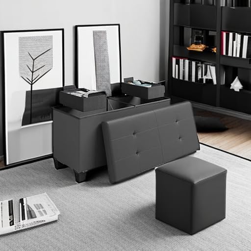 STORAGEBUD Storage Ottoman Bench with Bins, 30-in Storage Bench for Bedroom End of Bed, Folding Foot Rest Ottoman for Living Room Max 660lbs, Faux Leather Ottomans, Grey