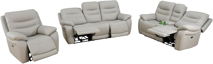 Electric Power Reclining Sofa Set, Genuine Breathing Leather Recliner Couch Set, Comfy Wide Lazy 3 Pieces Top Grain Leather Sofa with Built in USB Port for Living Room (Grey, 3-Piece)