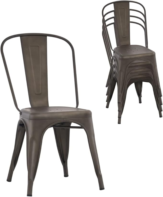 Nazhura Metal Dining Chair Farmhouse Tolix Style for Kitchen Dining Room Café Restaurant Bistro Patio, 18 Inch, Stackable, Waterproof Indoor/Outdoor (Sets of 4) (Steel Seat, Bronze)