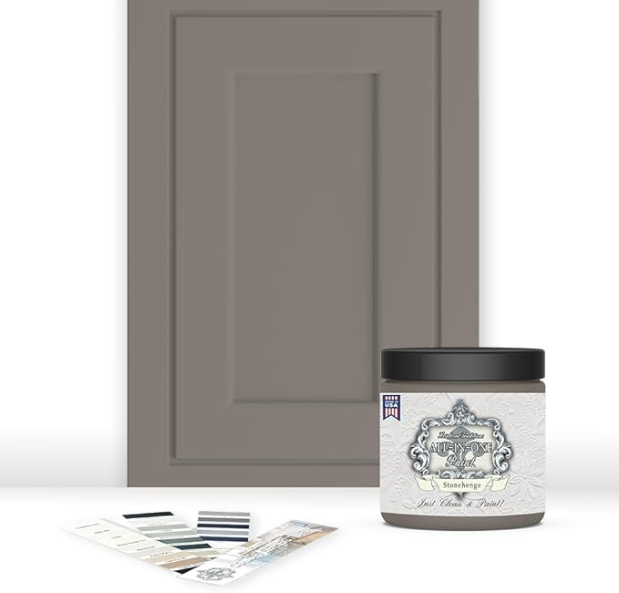 ALL-IN-ONE Paint, Durable cabinet and furniture paint. Built in primer and top coat, no sanding needed. Includes our 30 featured color card - Stonehenge (mid-tone greige), 8oz Sample
