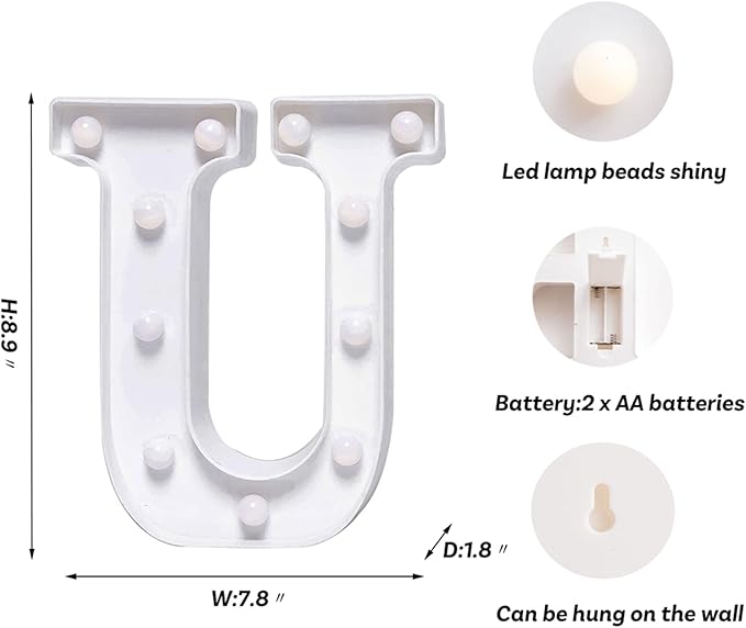 Foaky LED Letter Lights Sign Marquee Light Up Letters Sign for Night Light Wedding/Birthday Party Battery Powered Christmas Lamp Home Bar Decoration(U)