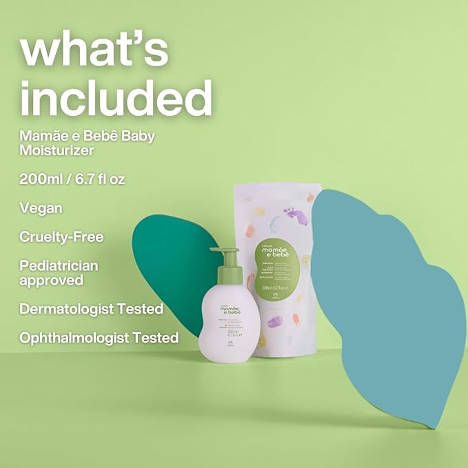 natura - Mamãe e Bebê Baby Fast Absorbing Moisturizer - 100% Vegan - Vegetable Oil & Cupuaçu Butter - 98.8% Natural Origin - All Skin Types - Cruelty Free - Baby Essentials - 6.7 fl oz (200ml)
