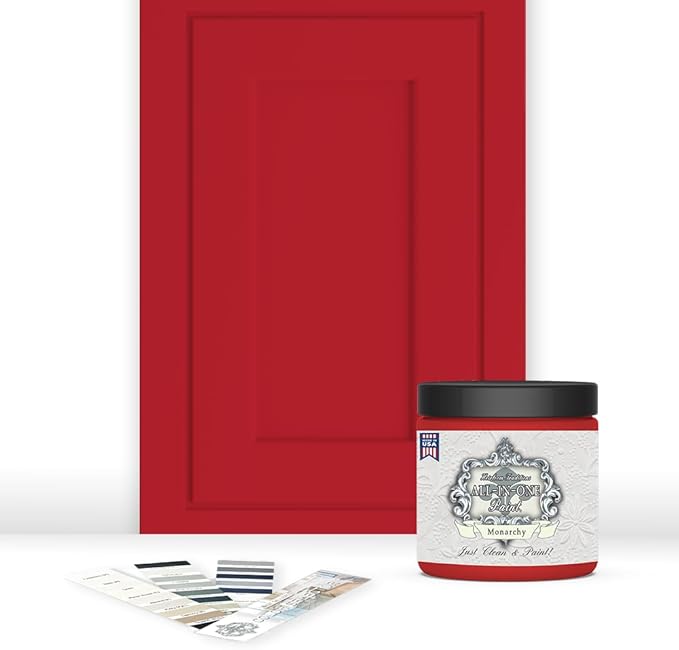 ALL-IN-ONE Paint, Durable cabinet and furniture paint. Built in primer and top coat, no sanding needed. Includes our 30 featured color card - Monarchy (primary red), 8oz Sample