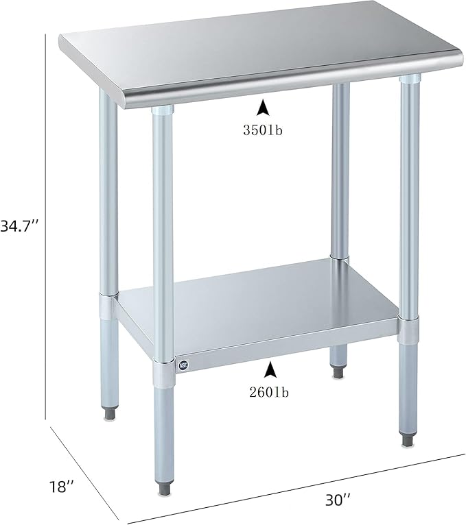 ROCKPOINT Stainless Steel Table for Prep & Work 18x30 Inches, NSF Metal Commercial Kitchen Heavy Duty Table with Adjustable Under Shelf and Table Foot for Restaurant, Home and Hotel