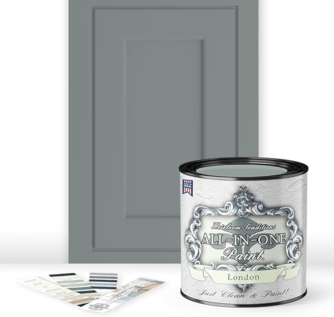 ALL-IN-ONE Paint, Durable cabinet and furniture paint. Built in primer and top coat, no sanding needed. Includes our 30 featured color card - London (green gray), Quart