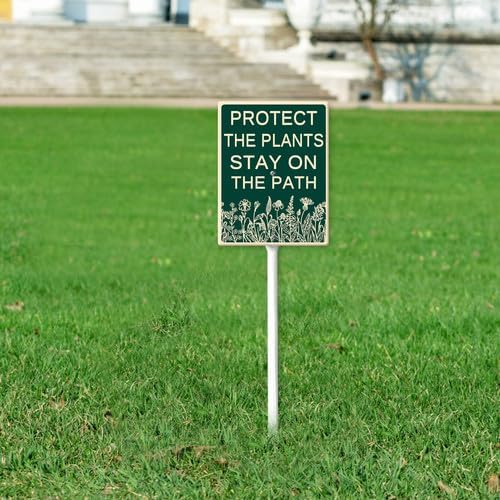 FemiaD Protect The Plants Stay On The Path Yard Sign with Stake 8x12inch Sturdy Aluminum Rustproof Outdoor Lawn Decor for Garden Front Door Outdoor Use Easy to Install