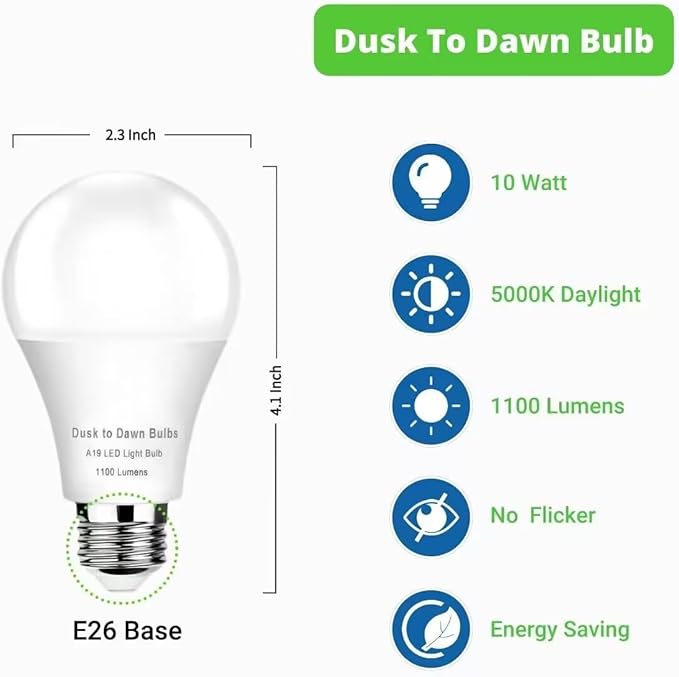 4-Pack Dusk to Dawn Light Bulbs Outdoor, 10W (75W Equivalent) E26 A19 LED, 4000K Cool White, 1100LM, Auto On/Off Sensor Security Bulb for Porch, Garage, Garden