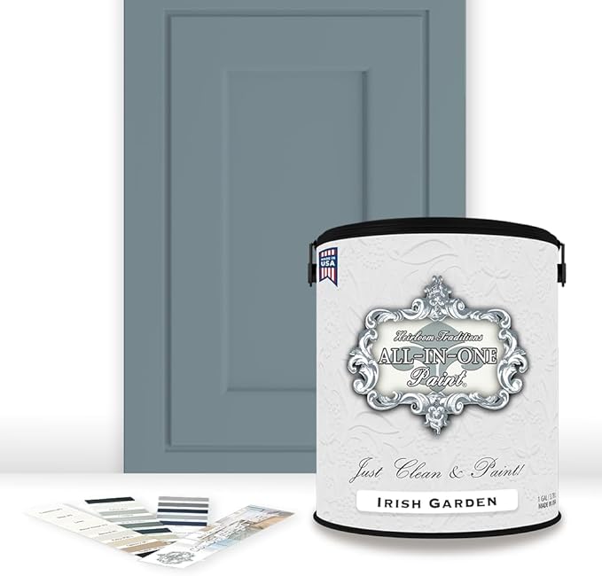ALL-IN-ONE Paint, Durable cabinet and furniture paint. Built in primer and top coat, no sanding needed. Includes our 30 featured color card - Irish Garden (blue green), Gallon