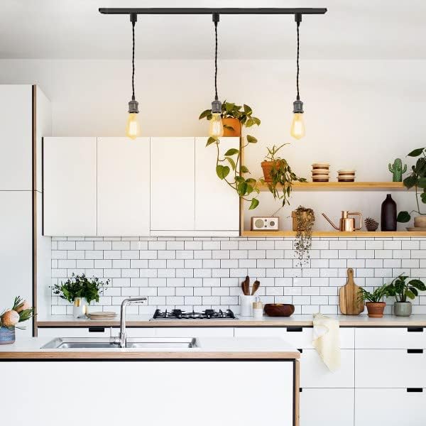 Kiven H-Type Track Lighting Pendants,Vintage Track Lighting Heads Adjustable Height, 3 Light Decorative h Track Pendant Lights, Bulb Not Included,Pearl Black Finish