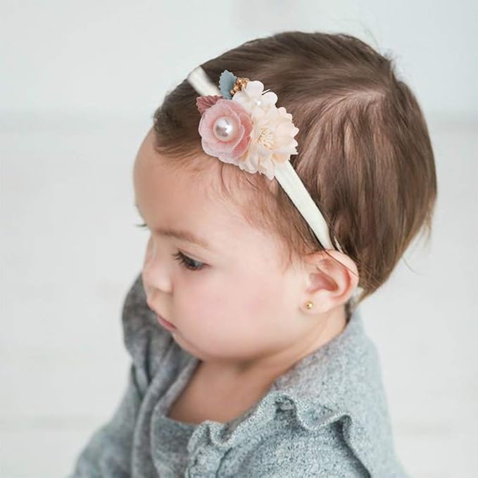 Baby Girl Nylon Headbands Flower Hair Bows Accessories-Elastic Hair Band Crown Handmade FLoral Wraps Birthday Gifts for Girls Newborn Infant Toddler 4Pcs