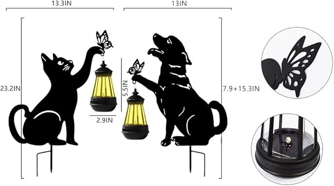 Solar-Powered Black Dog&Cat Garden Decor Stakes - Metal Silhouette Figurine for Outdoor Yard, Lawn, and Patio Decoration