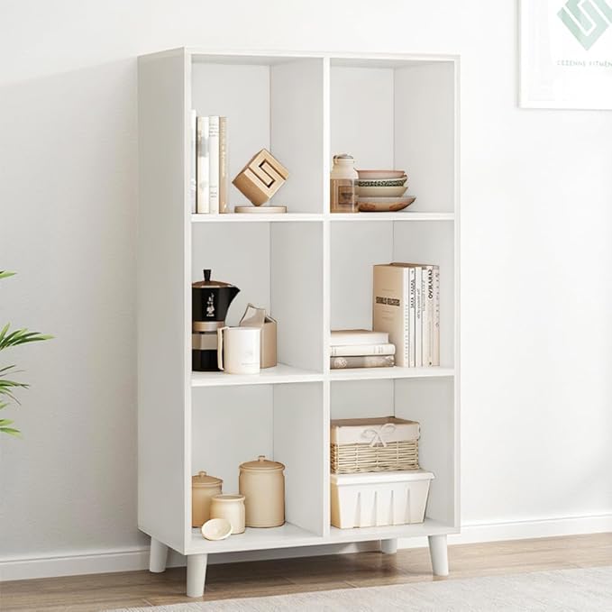 IOTXY Open Cube Low Bookcase - 3-Tier Freestanding Storage Display Cabinet Organizer with Legs for Home Office, 6-Cubes Open Shelf Short Bookshelf, White