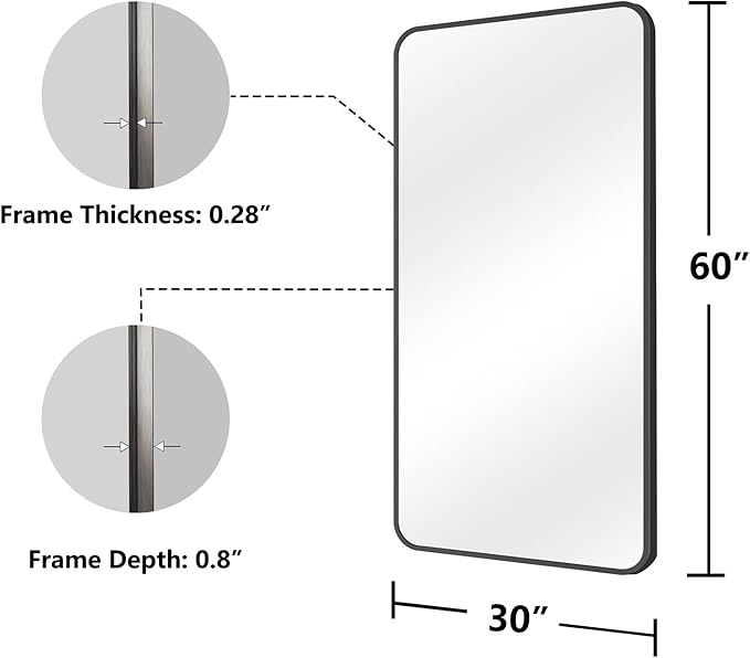 Koonmi Bathroom Mirror, 30X60 Inch Black Metal Framed Mirror for Bathroom, Tempered Glass, Anti-Rust, Rounded Rectangle Mirror for Restroom, Bedroom, Black