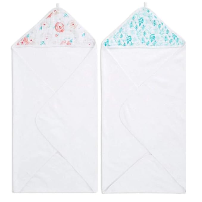 aden + anais Baby Hooded Towel|100% Terry Cotton Soft Baby Bath Towel for Kids, Toddlers, Infants| Newborn Girl and Boy Baby Wrap Towel, 2 Pack, Full Bloom