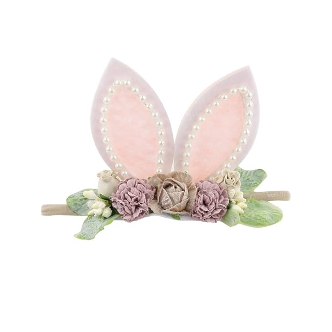 KIDOCHEESE Bunny Headband Bunny Rose Ears Easter Elastic Hairband Baby Girls Flower Crown Spring Floral Headbands (E)