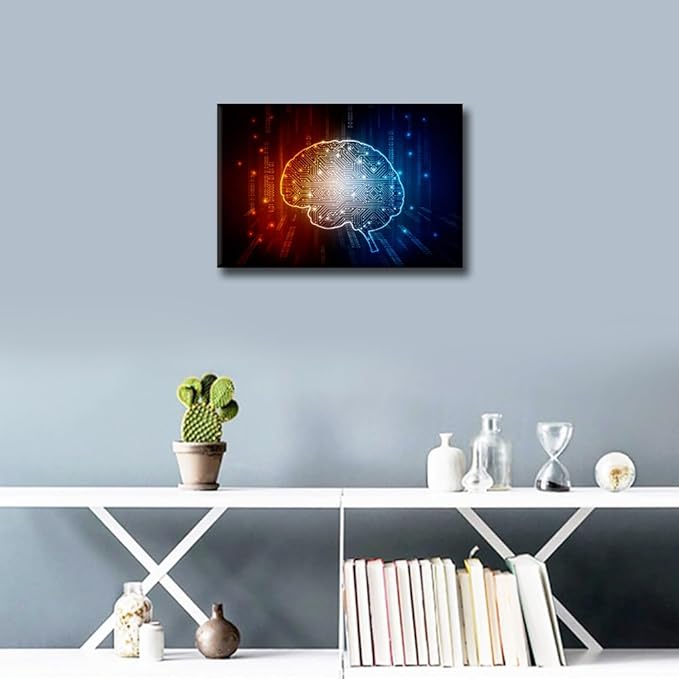 TUMOVO Artificial Intelligence Brain Wall Art Painting on Canvas Red Blue Bedroom Wall Art Modern Home Decor Digital Technology House Decorations for Living Room Stretched Frame, 18x12in