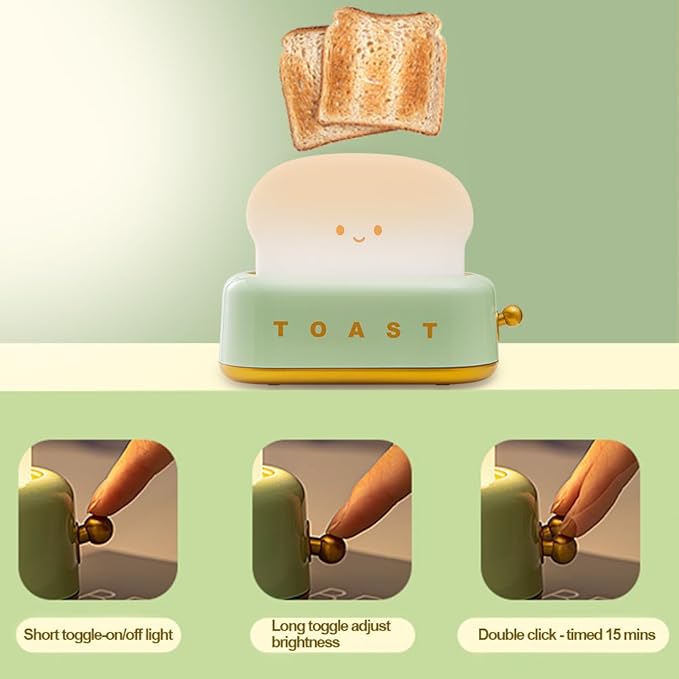Led Cute Toaster Lamp, Kawaii LED Toast Bread Night Light, Super Squishy Silicone USB Rechargeable and Portable Light with Timer, Xmas Ideal Gifts for Baby Kids Girls Teens Teenages