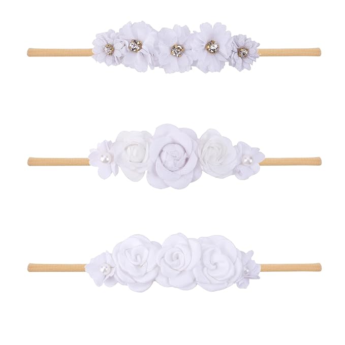 Baby Girl Nylon Headbands Flower Hair Bows Accessories-Elastic Hair Band Crown Handmade FLoral Wraps Birthday Gifts for Girls Newborn Infant Toddler 3Pcs