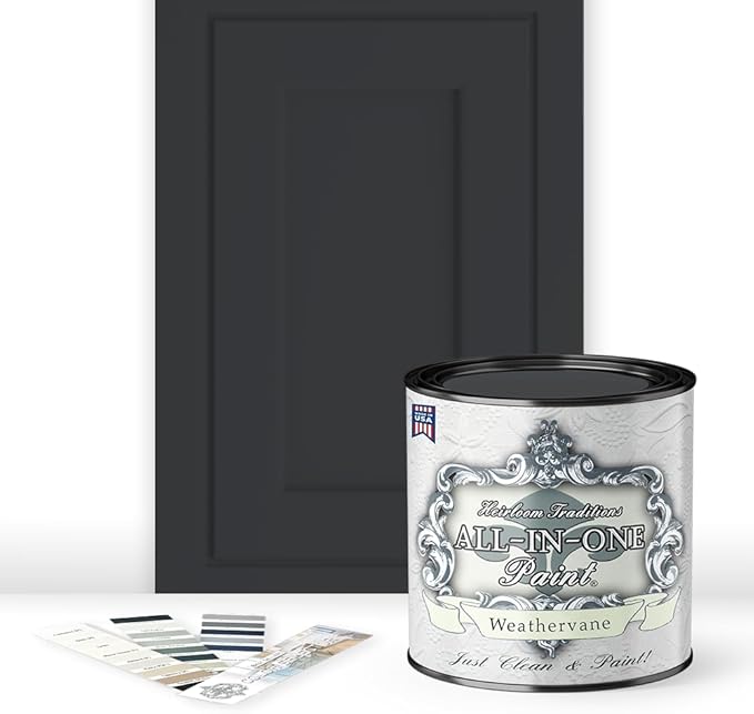 ALL-IN-ONE Paint, Durable cabinet and furniture paint. Built in primer and top coat, no sanding needed. Includes our 30 featured color card - Weathervane (charcoal), Quart