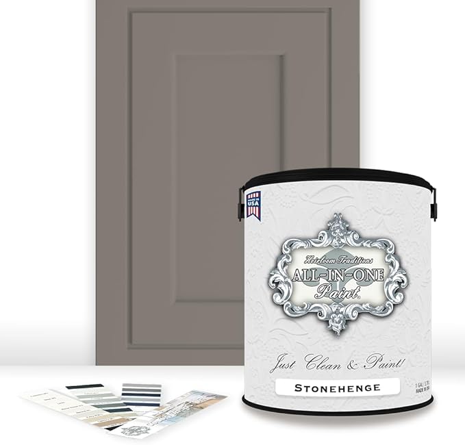 ALL-IN-ONE Paint, Durable cabinet and furniture paint. Built in primer and top coat, no sanding needed. Includes our 30 featured color card - Stonehenge (mid-tone greige), Gallon
