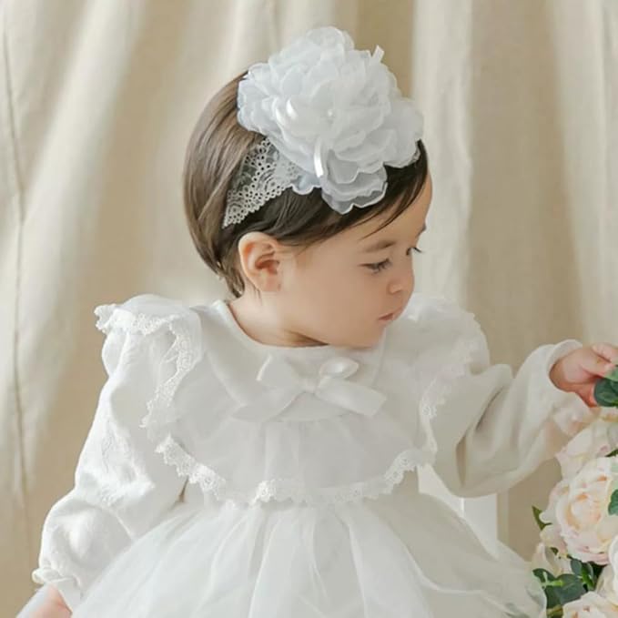 Floral Lace Hair Bow for Baby Girls Soft Stretch Headband for Newborns to Toddlers Baby Shower Birthday Hair Band 0-36 Months (White B, Free)