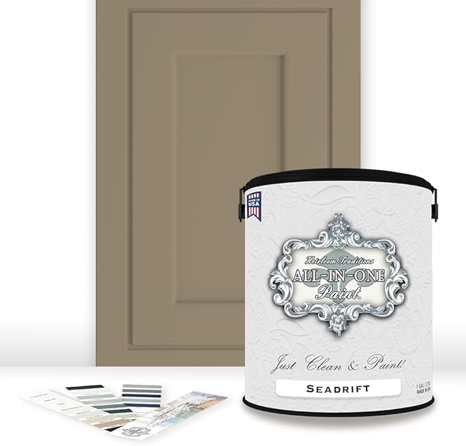 ALL-IN-ONE Paint, Durable cabinet and furniture paint. Built in primer and top coat, no sanding needed. Includes our 30 featured color card - Seadrift (warm, earthy tan), Gallon