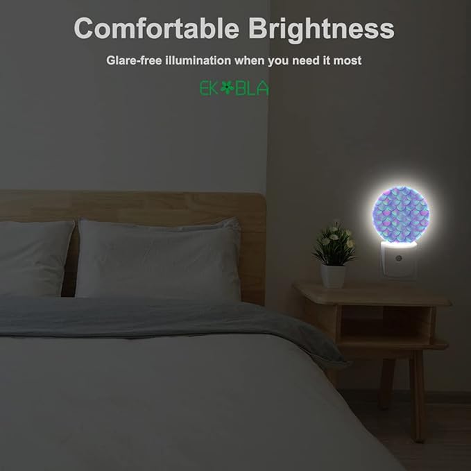 EKOBLA Mermaid Scales Plug-in Night Light, Teal & Purple Ocean LED Nightlight with Auto Sensor for Home