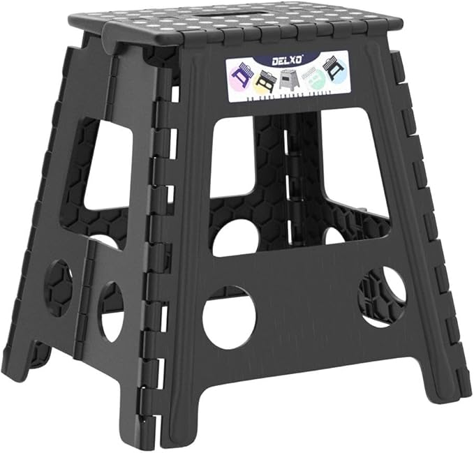 Delxo 16 Inch Folding Step Stool,Foldable Stool for Adults with Safety Lock,Portable Collapsible Plastic Stepstool,Non Slip Folding Stools for Kitchen Bathroom Bedroom Up to 400LBS,(Black 1PC)