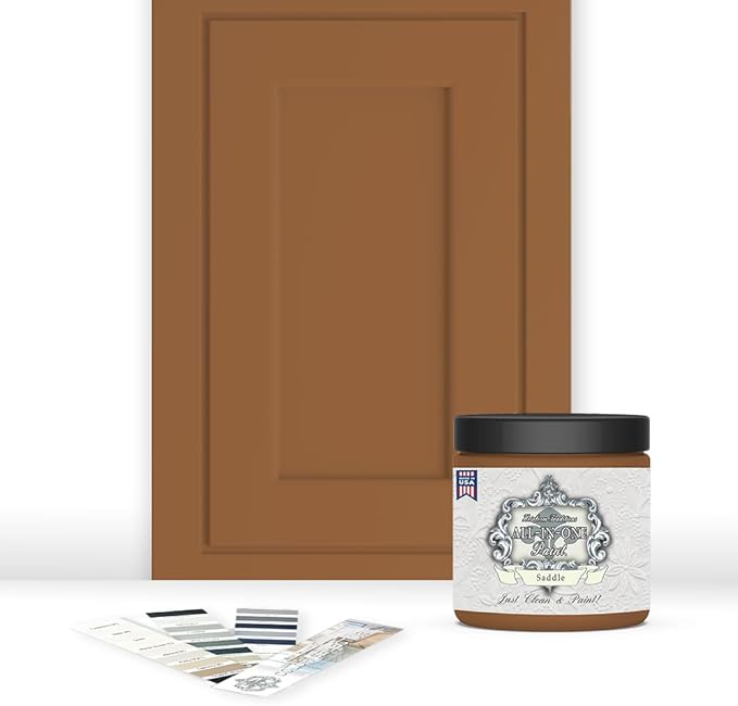 ALL-IN-ONE Paint, Durable cabinet and furniture paint. Built in primer and top coat, no sanding needed. Includes our 30 featured color card - Saddle (caramel brown), 8oz Sample
