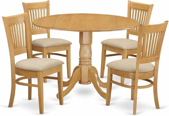 East West Furniture DLVA5-OAK-C 5 Piece Kitchen Table & Chairs Set Includes a Round Dining Room Table with Dropleaf and 4 Linen Fabric Upholstered Chairs, 42x42 Inch, Oak