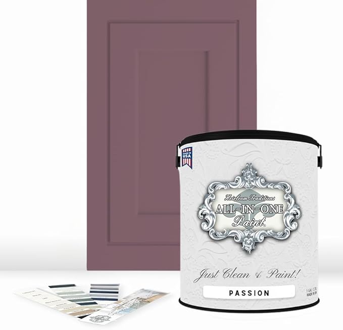 ALL-IN-ONE Paint, Durable cabinet and furniture paint. Built in primer and top coat, no sanding needed. Includes our 30 featured color card - Passion (plum rose), Gallon