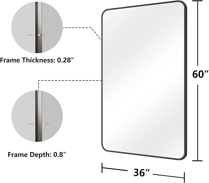 Koonmi Bathroom Mirror, 36X60 Inch Black Metal Framed Mirror for Bathroom, Tempered Glass, Anti-Rust, Rounded Rectangle Mirror for Restroom, Bedroom, Black
