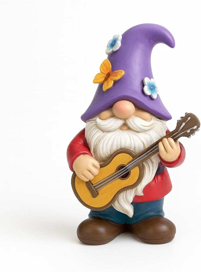 Musical Gnome Figurine with Guitar – Handcrafted Resin Garden or Shelf Decoration, 6.2" Tall Whimsical Gnome Statue with Purple Hat, Flowers & Butterfly, Gift for Music Lovers (Purple)