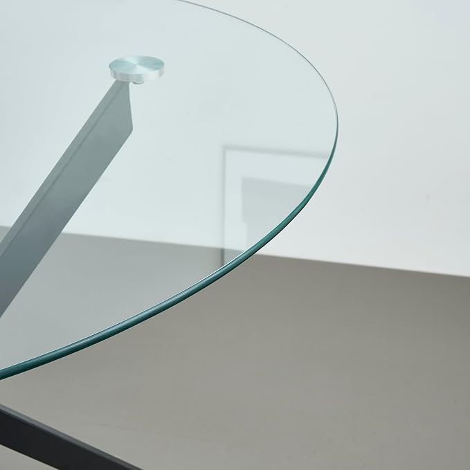 36" Round Glass Dining Table Modern Kitchen Glass Top Table for 4 with Black Metal Legs, Clear Dining Table Kitchen Table for Home Office Dining Room