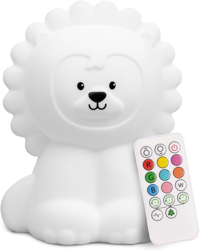 Lumipets Remote Control Silicone Night Light for Kids - Lion Design with 9 Soft Colors & Sleep Timer - Rechargeable, Battery-Operated Lamp for Bedroom | Baby Nursery, Toddler, Girls, Boys