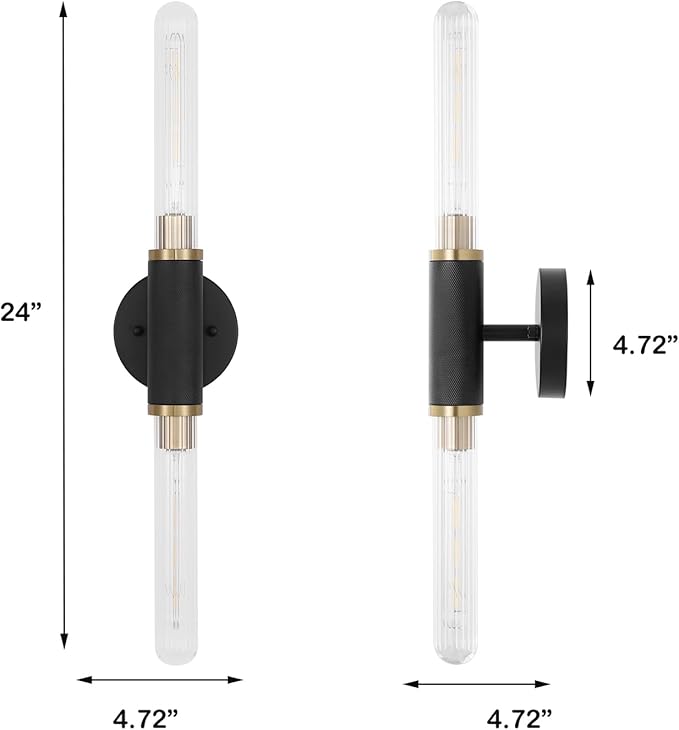 Modern Wall Sconces 24" Knurled Texture Cylinder Bathroom Vanity Lights Fixtures with Clear Striped Glass Shade 2-Lights Brushed Brass Gold Black Indoor Wall Lighting for Bedroom Hallway