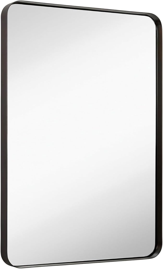 Hamilton Hills 24x36 Inch Metal Black Frame Mirror for Bathroom - Brushed Rectangular Rounded Corner Vanity - 2" Deep Set Design Large Wall Mirrors Decorative - Hangs Horizontal and Vertical
