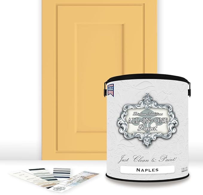 ALL-IN-ONE Paint, Durable cabinet and furniture paint. Built in primer and top coat, no sanding needed. Includes our 30 featured color card - Naples (sunny yellow), Gallon